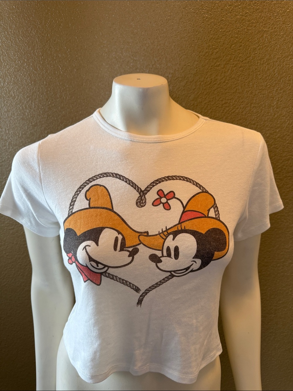 Disney White Crop Tee with Mickey & Minnie Western Heart Graphic